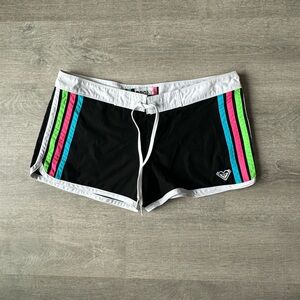 Y2K 2000s Roxy Black Beach Shorts with Neon Stripes